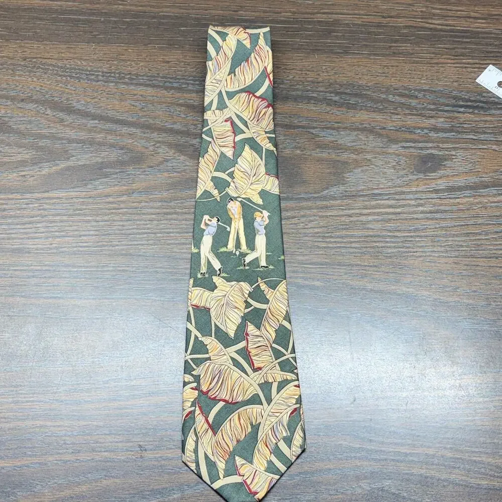 Vintage Tommy Bahama Necktie Green Tropical Golf Print Silk USA Made Career Wide